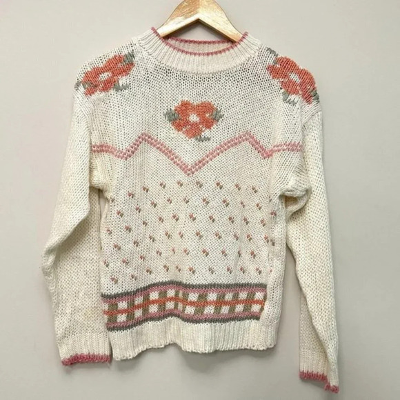 Vintage Handmade Crew Neck Floral Knit Pullover Sweater Neutrals Women's Medium - Picture 2 of 14
